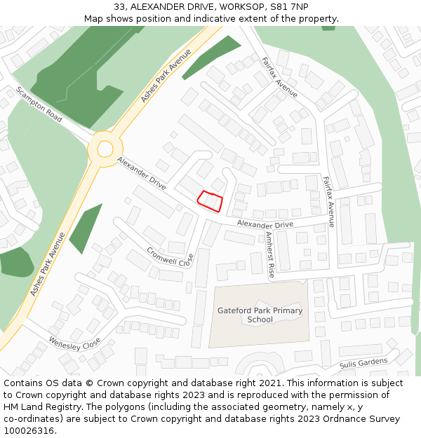 33, ALEXANDER DRIVE, WORKSOP, S81 7NP: Location map and indicative extent of plot