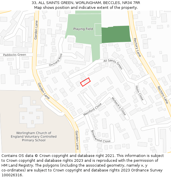 33, ALL SAINTS GREEN, WORLINGHAM, BECCLES, NR34 7RR: Location map and indicative extent of plot