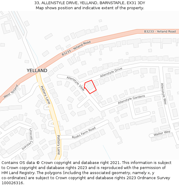 33, ALLENSTYLE DRIVE, YELLAND, BARNSTAPLE, EX31 3DY: Location map and indicative extent of plot