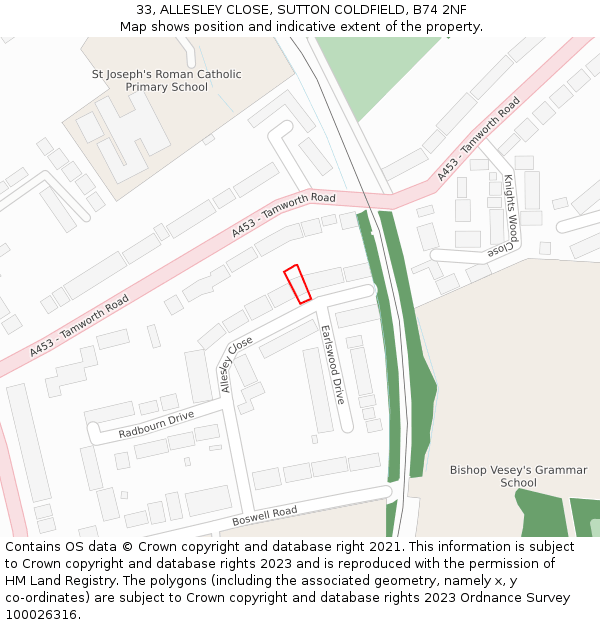 33, ALLESLEY CLOSE, SUTTON COLDFIELD, B74 2NF: Location map and indicative extent of plot