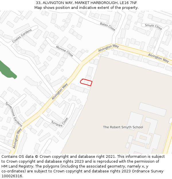 33, ALVINGTON WAY, MARKET HARBOROUGH, LE16 7NF: Location map and indicative extent of plot