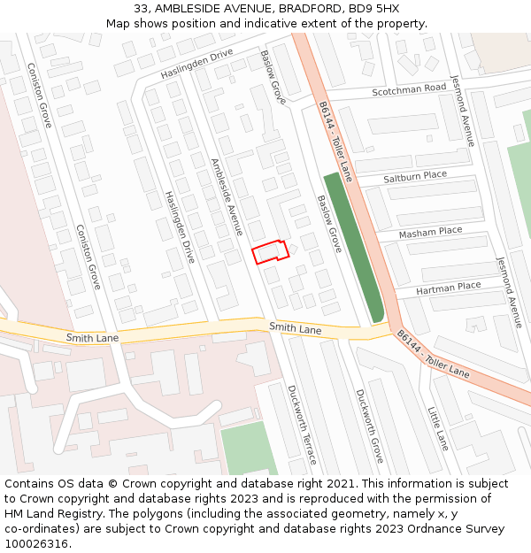 33, AMBLESIDE AVENUE, BRADFORD, BD9 5HX: Location map and indicative extent of plot