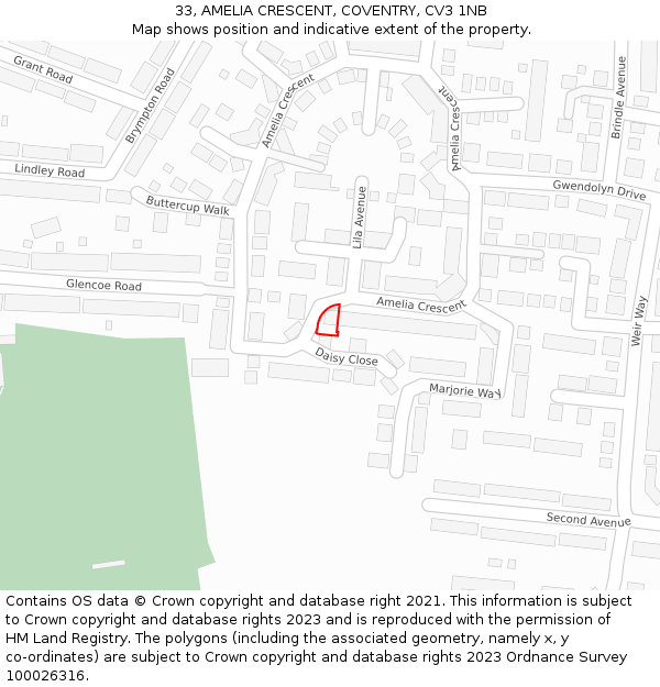 33, AMELIA CRESCENT, COVENTRY, CV3 1NB: Location map and indicative extent of plot