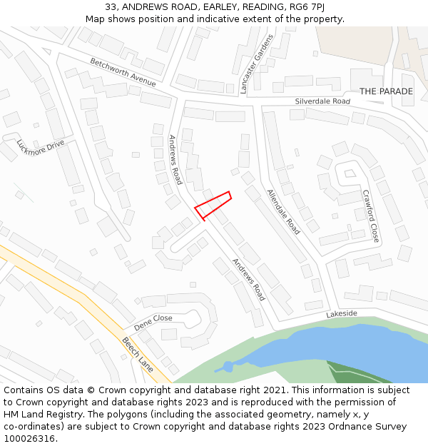 33, ANDREWS ROAD, EARLEY, READING, RG6 7PJ: Location map and indicative extent of plot