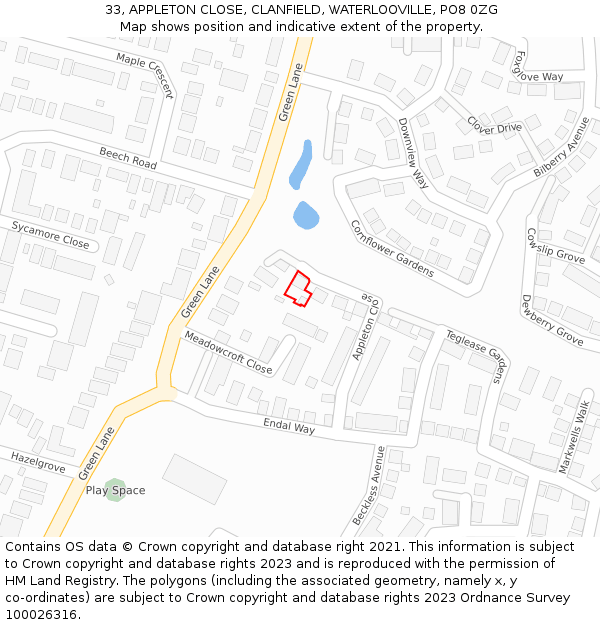 33, APPLETON CLOSE, CLANFIELD, WATERLOOVILLE, PO8 0ZG: Location map and indicative extent of plot