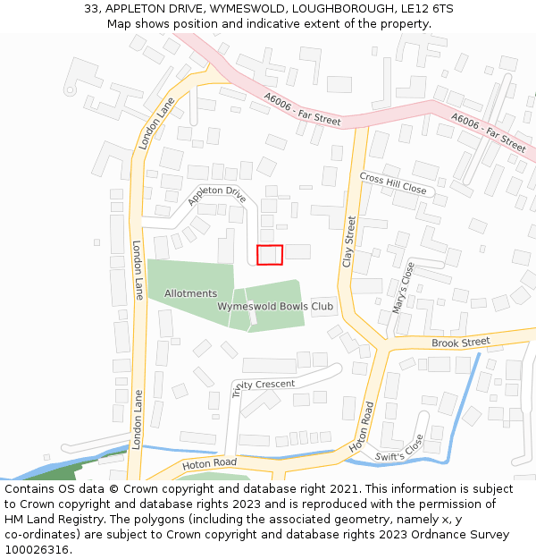 33, APPLETON DRIVE, WYMESWOLD, LOUGHBOROUGH, LE12 6TS: Location map and indicative extent of plot
