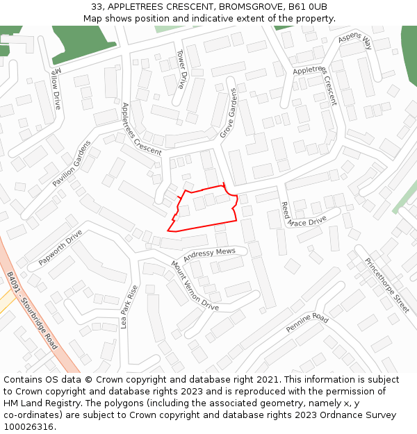 33, APPLETREES CRESCENT, BROMSGROVE, B61 0UB: Location map and indicative extent of plot