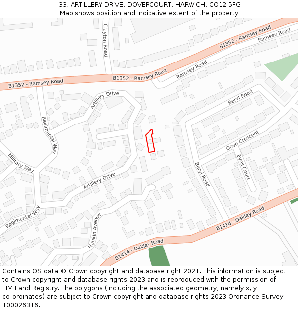 33, ARTILLERY DRIVE, DOVERCOURT, HARWICH, CO12 5FG: Location map and indicative extent of plot