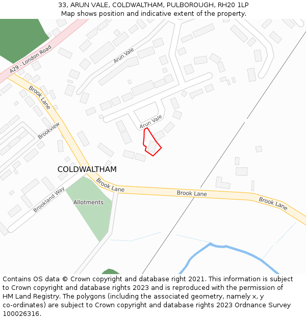 33, ARUN VALE, COLDWALTHAM, PULBOROUGH, RH20 1LP: Location map and indicative extent of plot