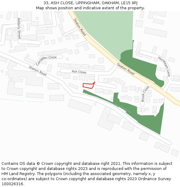 33, ASH CLOSE, UPPINGHAM, OAKHAM, LE15 9PJ: Location map and indicative extent of plot