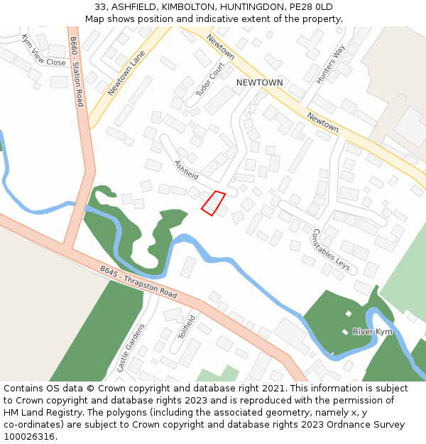 33, ASHFIELD, KIMBOLTON, HUNTINGDON, PE28 0LD: Location map and indicative extent of plot