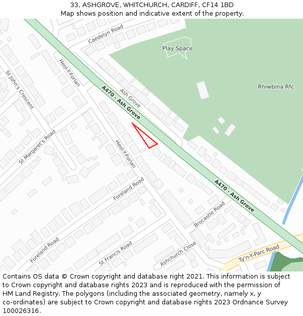 33, ASHGROVE, WHITCHURCH, CARDIFF, CF14 1BD: Location map and indicative extent of plot