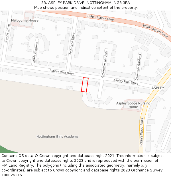 33, ASPLEY PARK DRIVE, NOTTINGHAM, NG8 3EA: Location map and indicative extent of plot