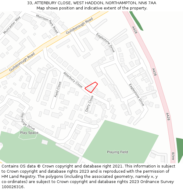 33, ATTERBURY CLOSE, WEST HADDON, NORTHAMPTON, NN6 7AA: Location map and indicative extent of plot