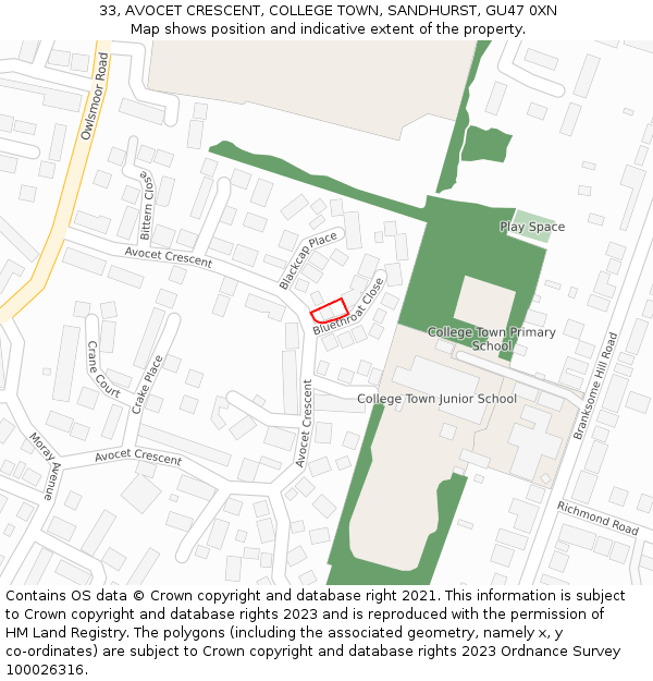 33, AVOCET CRESCENT, COLLEGE TOWN, SANDHURST, GU47 0XN: Location map and indicative extent of plot