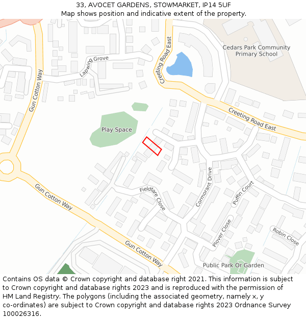 33, AVOCET GARDENS, STOWMARKET, IP14 5UF: Location map and indicative extent of plot