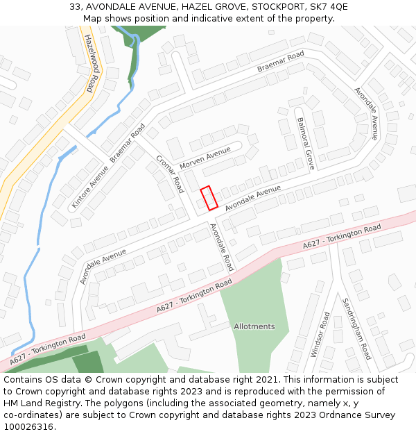 33, AVONDALE AVENUE, HAZEL GROVE, STOCKPORT, SK7 4QE: Location map and indicative extent of plot