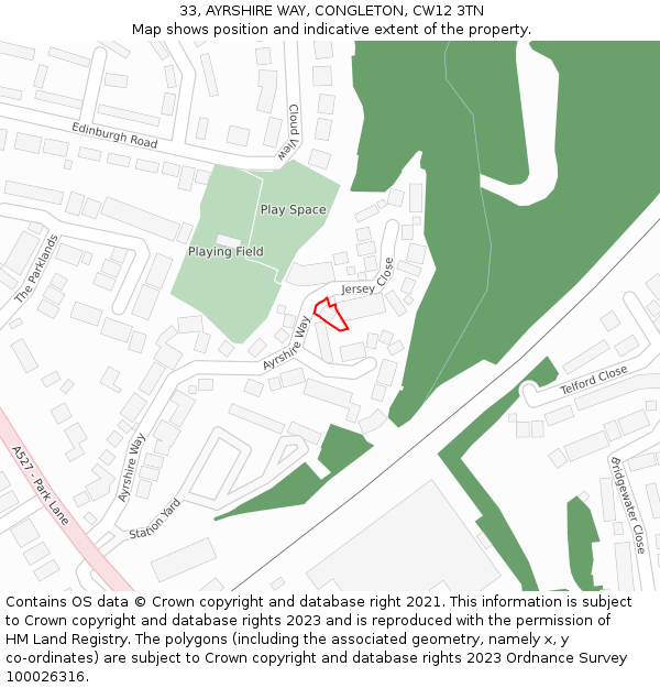 33, AYRSHIRE WAY, CONGLETON, CW12 3TN: Location map and indicative extent of plot