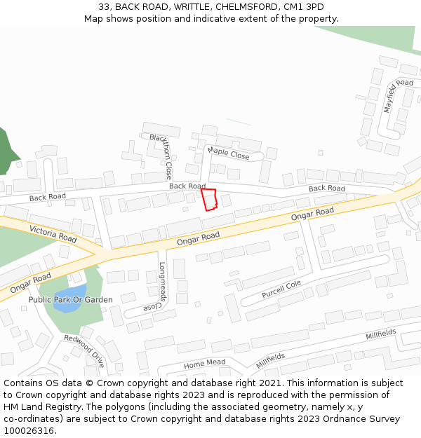 33, BACK ROAD, WRITTLE, CHELMSFORD, CM1 3PD: Location map and indicative extent of plot