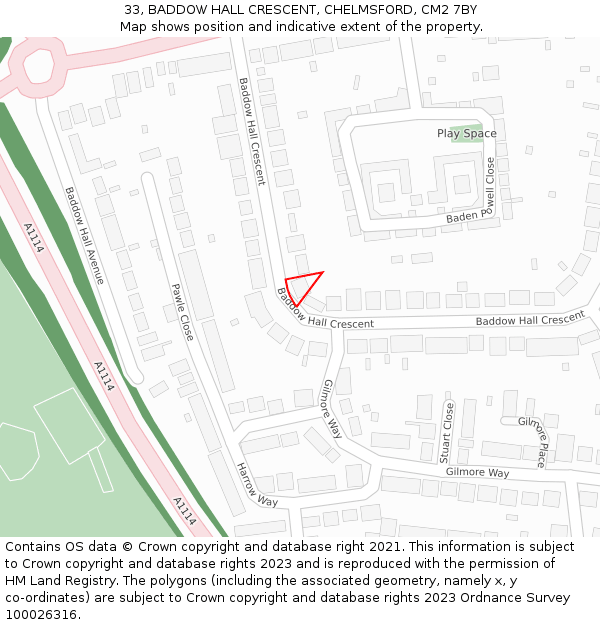 33, BADDOW HALL CRESCENT, CHELMSFORD, CM2 7BY: Location map and indicative extent of plot