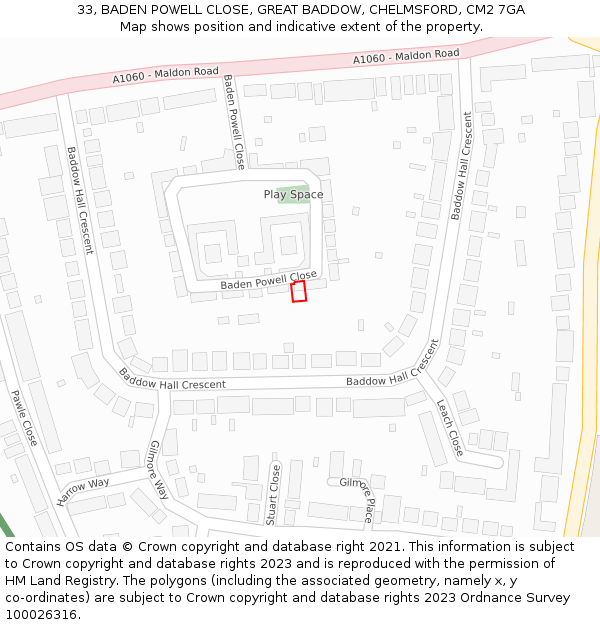 33, BADEN POWELL CLOSE, GREAT BADDOW, CHELMSFORD, CM2 7GA: Location map and indicative extent of plot