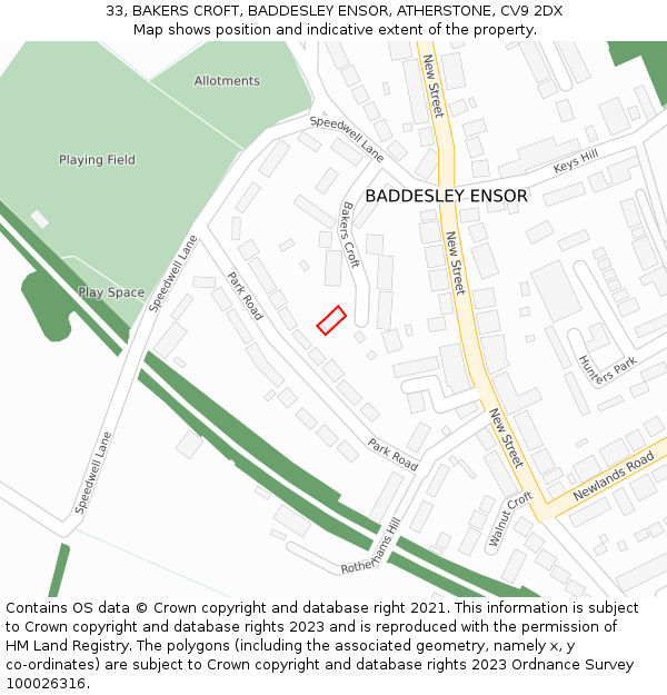 33, BAKERS CROFT, BADDESLEY ENSOR, ATHERSTONE, CV9 2DX: Location map and indicative extent of plot