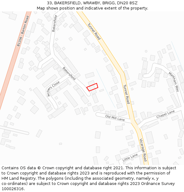 33, BAKERSFIELD, WRAWBY, BRIGG, DN20 8SZ: Location map and indicative extent of plot