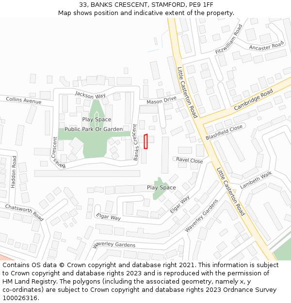 33, BANKS CRESCENT, STAMFORD, PE9 1FF: Location map and indicative extent of plot