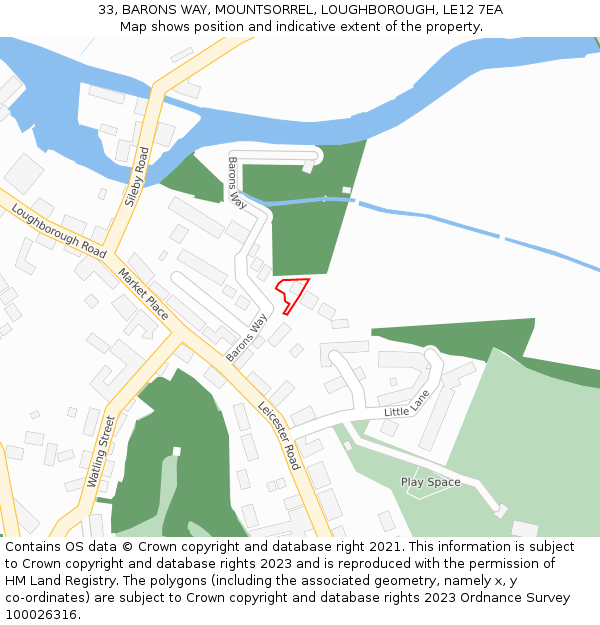 33, BARONS WAY, MOUNTSORREL, LOUGHBOROUGH, LE12 7EA: Location map and indicative extent of plot