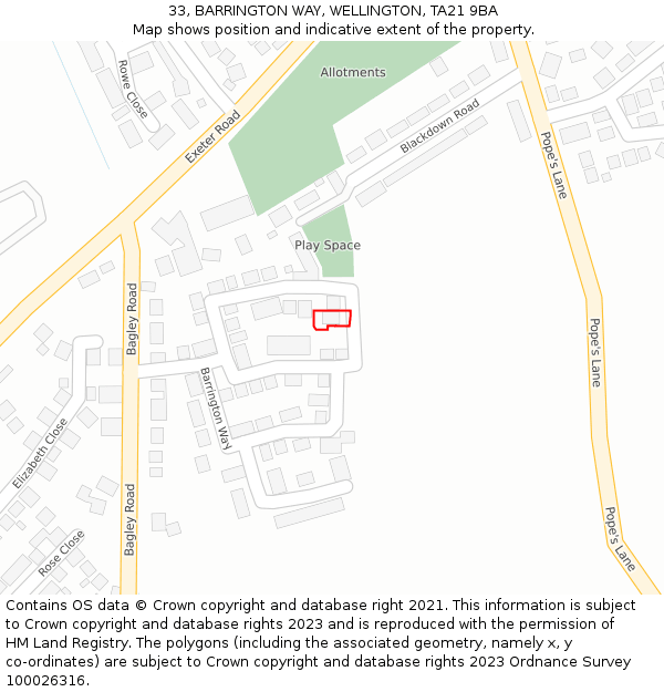 33, BARRINGTON WAY, WELLINGTON, TA21 9BA: Location map and indicative extent of plot