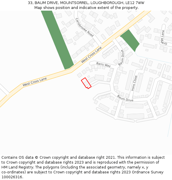 33, BAUM DRIVE, MOUNTSORREL, LOUGHBOROUGH, LE12 7WW: Location map and indicative extent of plot