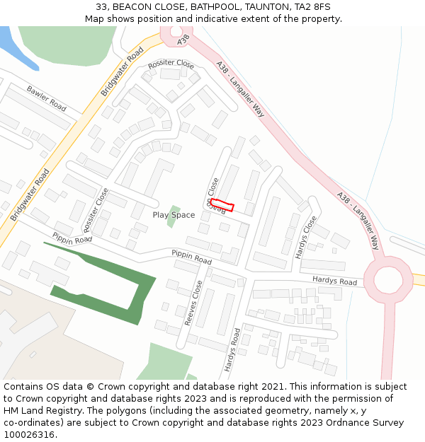 33, BEACON CLOSE, BATHPOOL, TAUNTON, TA2 8FS: Location map and indicative extent of plot