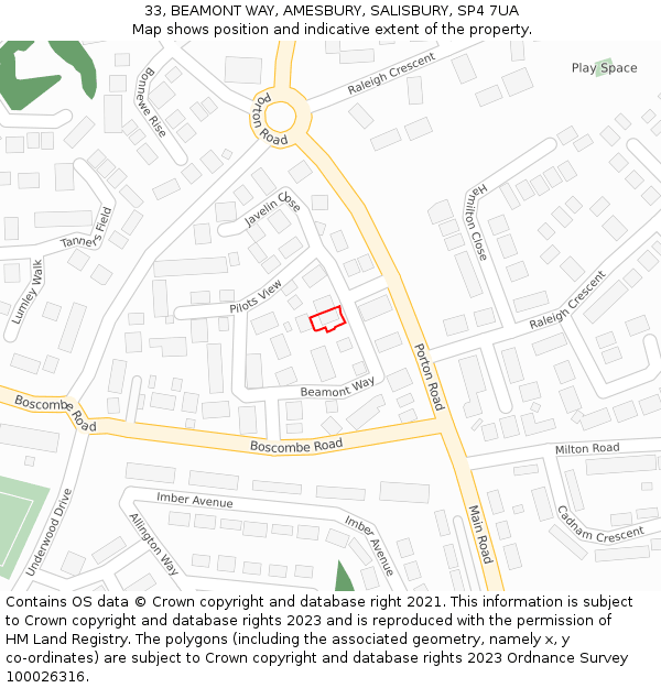 33, BEAMONT WAY, AMESBURY, SALISBURY, SP4 7UA: Location map and indicative extent of plot