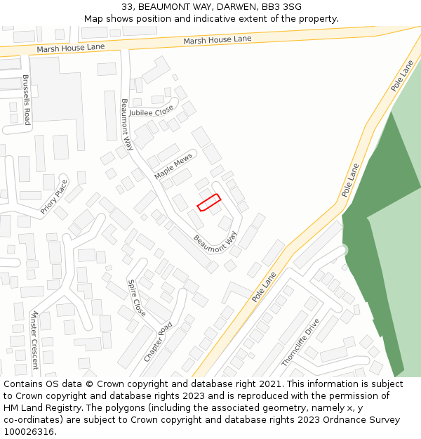 33, BEAUMONT WAY, DARWEN, BB3 3SG: Location map and indicative extent of plot