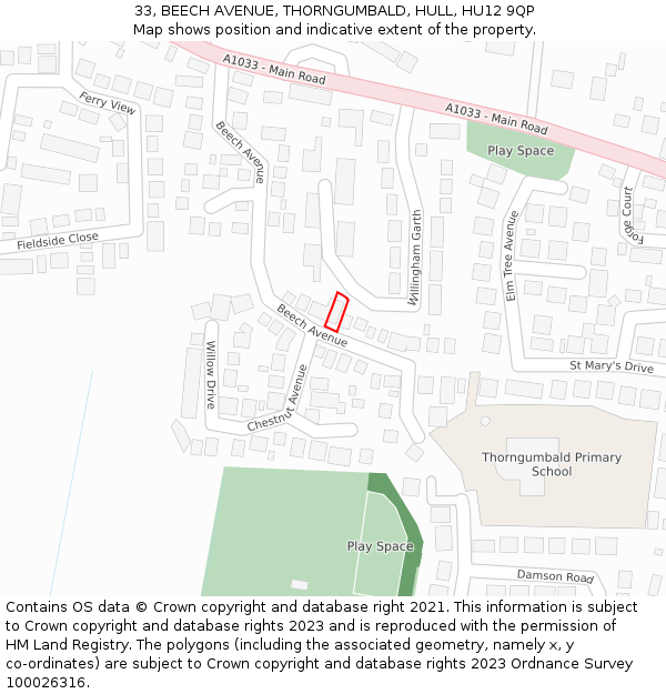 33, BEECH AVENUE, THORNGUMBALD, HULL, HU12 9QP: Location map and indicative extent of plot