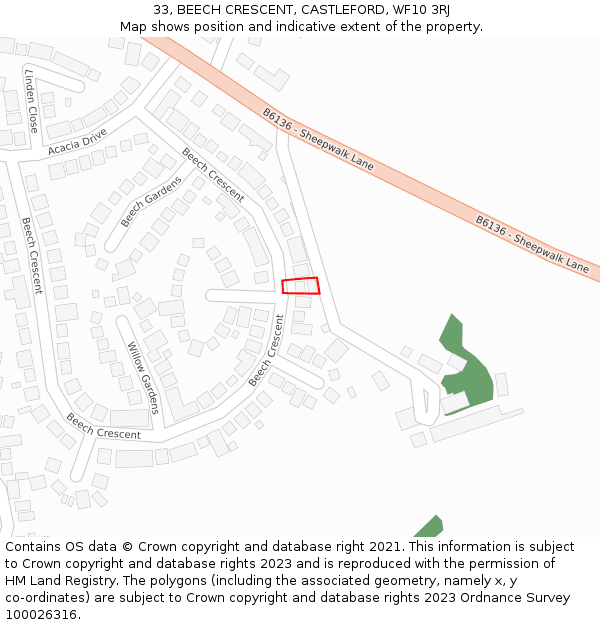 33, BEECH CRESCENT, CASTLEFORD, WF10 3RJ: Location map and indicative extent of plot