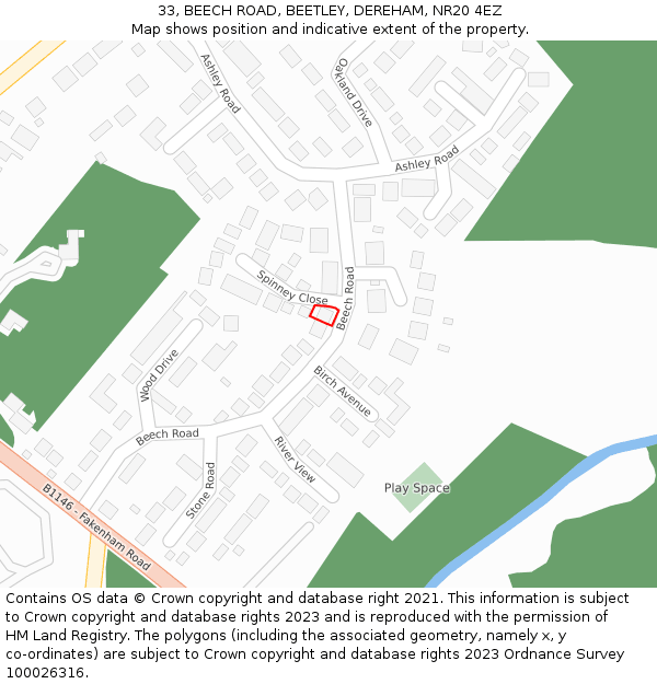 33, BEECH ROAD, BEETLEY, DEREHAM, NR20 4EZ: Location map and indicative extent of plot