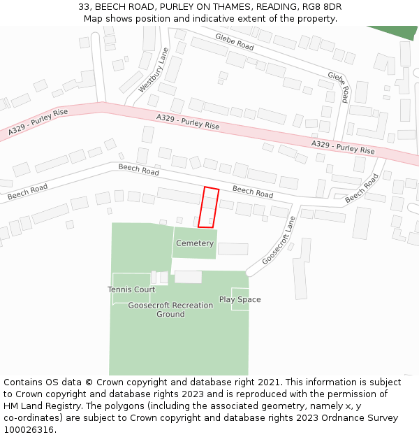 33, BEECH ROAD, PURLEY ON THAMES, READING, RG8 8DR: Location map and indicative extent of plot