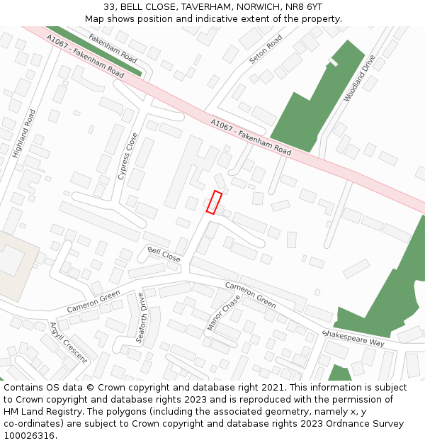 33, BELL CLOSE, TAVERHAM, NORWICH, NR8 6YT: Location map and indicative extent of plot