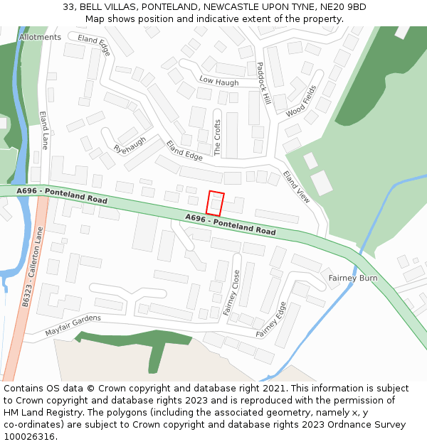 33, BELL VILLAS, PONTELAND, NEWCASTLE UPON TYNE, NE20 9BD: Location map and indicative extent of plot