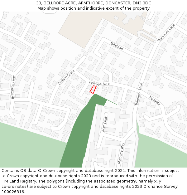 33, BELLROPE ACRE, ARMTHORPE, DONCASTER, DN3 3DG: Location map and indicative extent of plot