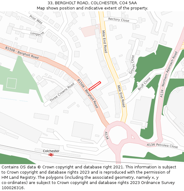 33, BERGHOLT ROAD, COLCHESTER, CO4 5AA: Location map and indicative extent of plot