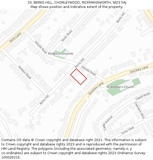 33, BERKS HILL, CHORLEYWOOD, RICKMANSWORTH, WD3 5AJ: Location map and indicative extent of plot