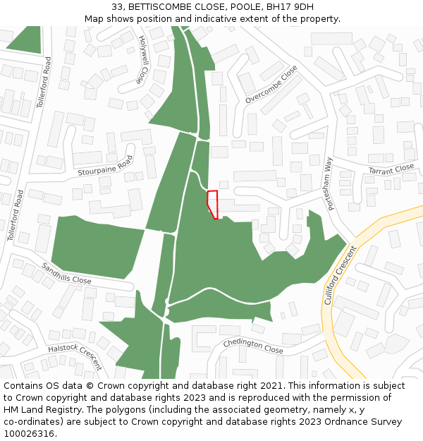 33, BETTISCOMBE CLOSE, POOLE, BH17 9DH: Location map and indicative extent of plot