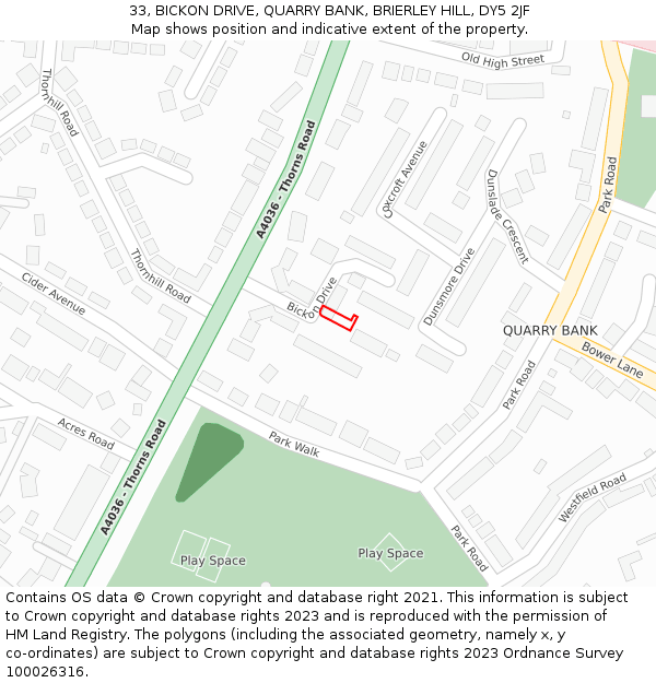 33, BICKON DRIVE, QUARRY BANK, BRIERLEY HILL, DY5 2JF: Location map and indicative extent of plot