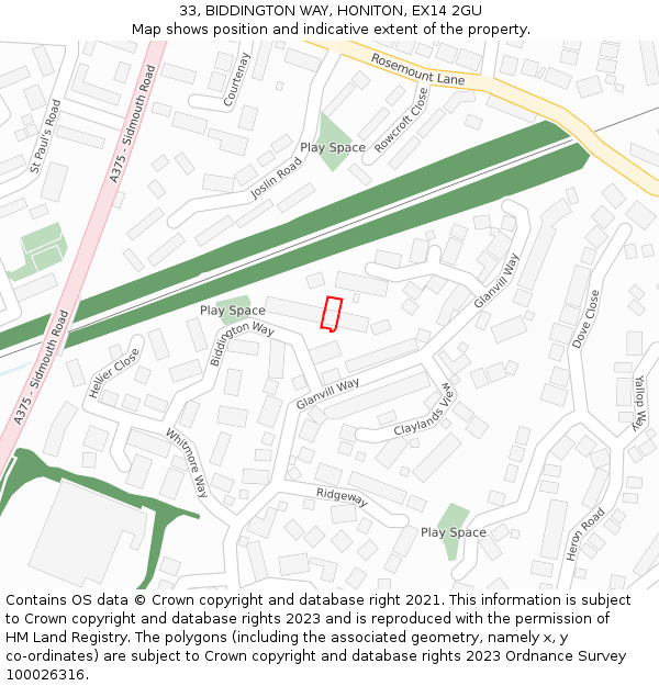 33, BIDDINGTON WAY, HONITON, EX14 2GU: Location map and indicative extent of plot