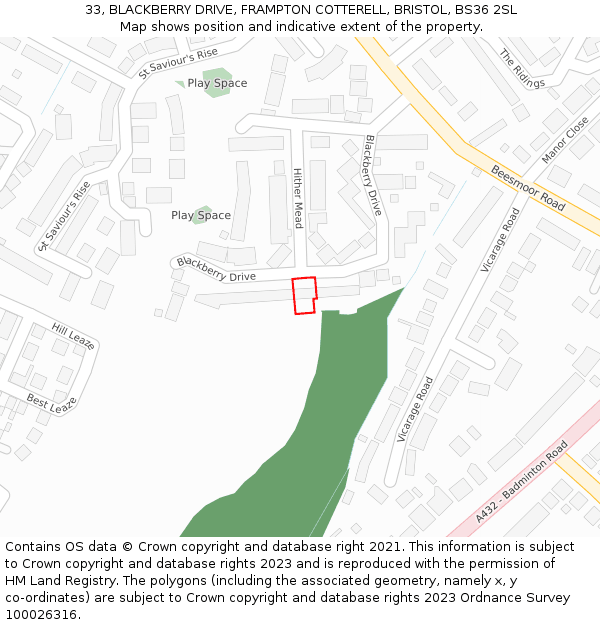 33, BLACKBERRY DRIVE, FRAMPTON COTTERELL, BRISTOL, BS36 2SL: Location map and indicative extent of plot