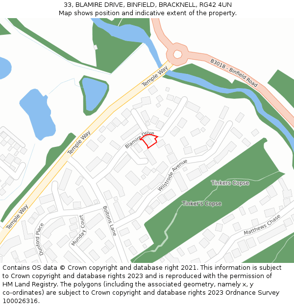 33, BLAMIRE DRIVE, BINFIELD, BRACKNELL, RG42 4UN: Location map and indicative extent of plot