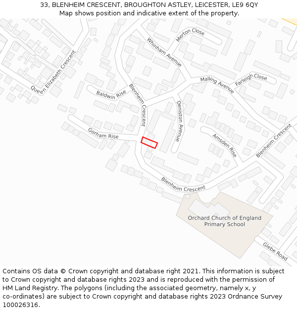 33, BLENHEIM CRESCENT, BROUGHTON ASTLEY, LEICESTER, LE9 6QY: Location map and indicative extent of plot