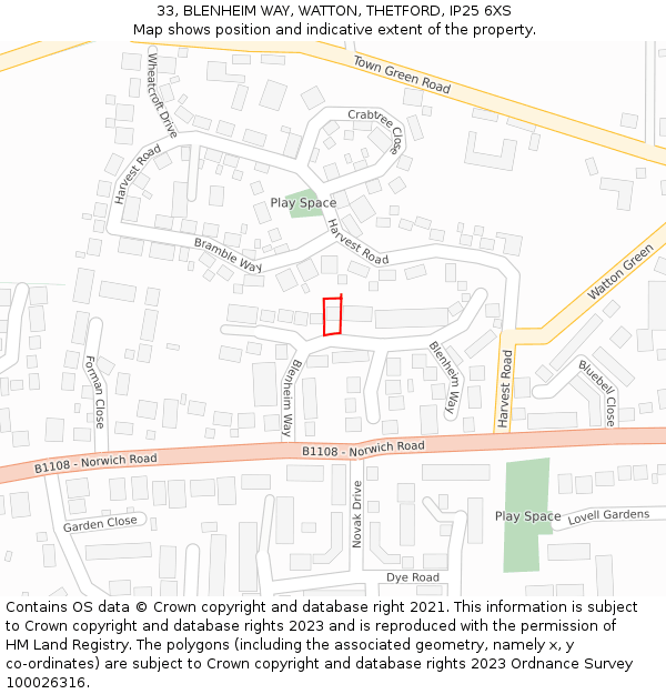 33, BLENHEIM WAY, WATTON, THETFORD, IP25 6XS: Location map and indicative extent of plot